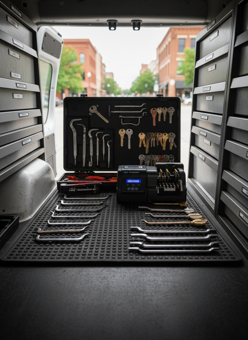 An open heavy-duty lock pick and key-cutting toolkit laid out neatly on a rubberized black work mat in the back of a well-organized mobile locksmith van. Precision steel tools, blank keys in assorted metallic finishes, and a compact electronic key programmer are all clearly visible, each with subtle texture and reflections. The interior walls of the van are lined with labeled storage drawers and compartments, all closed and tidy. Soft, indirect daylight filters in from the open rear doors, creating a bright yet gentle ambiance. Photographic realism with a slightly elevated angle and sharp focus throughout emphasizes professionalism, preparedness, and trustworthy on-site service around Des Moines.