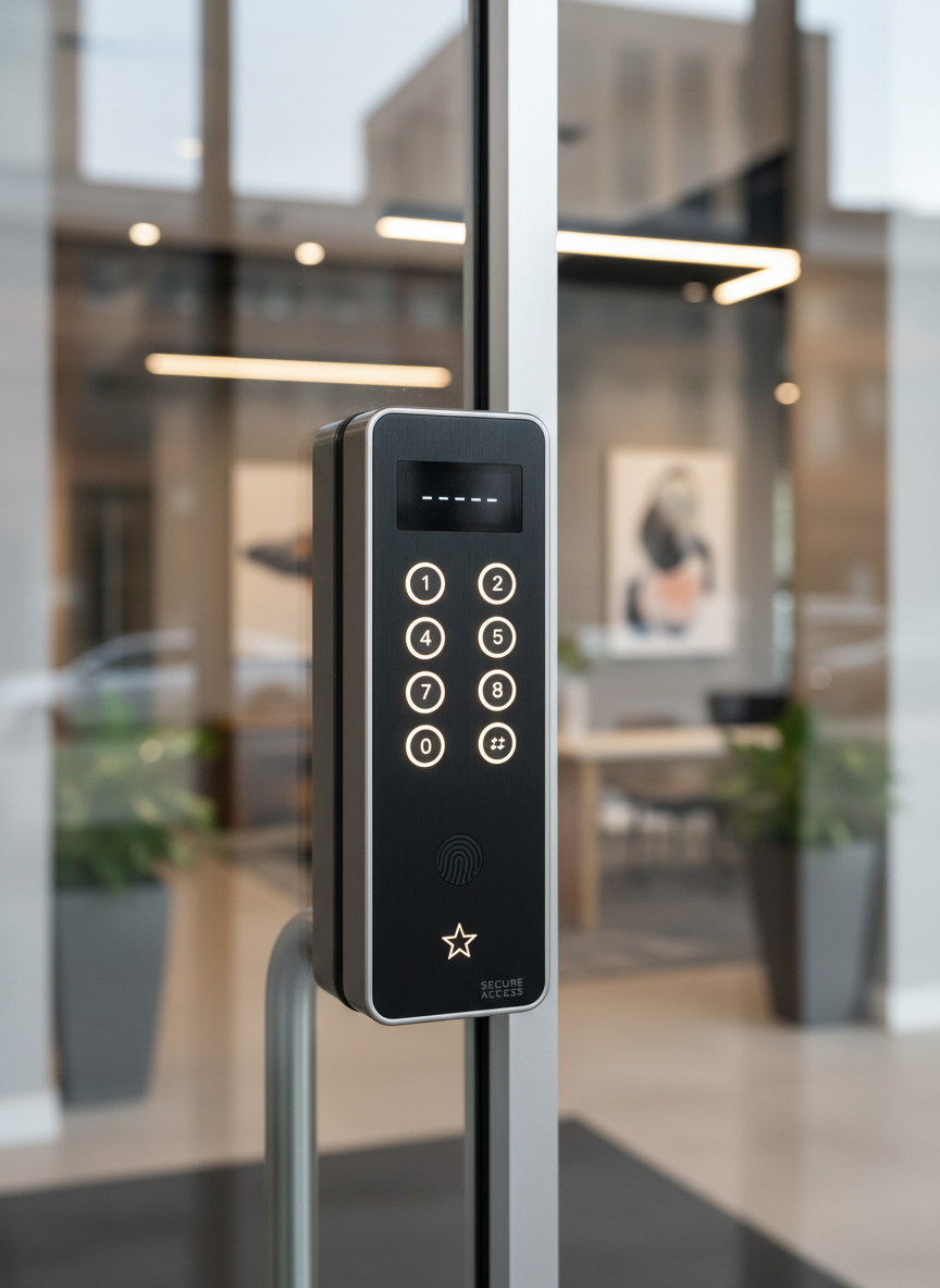 A close-up of a high-security electronic keypad lock installed on a sleek glass-and-aluminum office entry door in downtown Des Moines. The keypad’s matte black surface contrasts with illuminated soft-white buttons, each crisply defined. Through the glass, a blurred corporate lobby with neutral tones and subtle décor is visible, suggesting a professional environment. Warm interior overhead lighting mixes with cooler daylight from outside, creating balanced, modern illumination with gentle reflections on the glass. Shot at a slight angle for depth, the composition uses photographic realism and a clean, minimal aesthetic to communicate advanced commercial security solutions that feel inviting rather than intimidating.