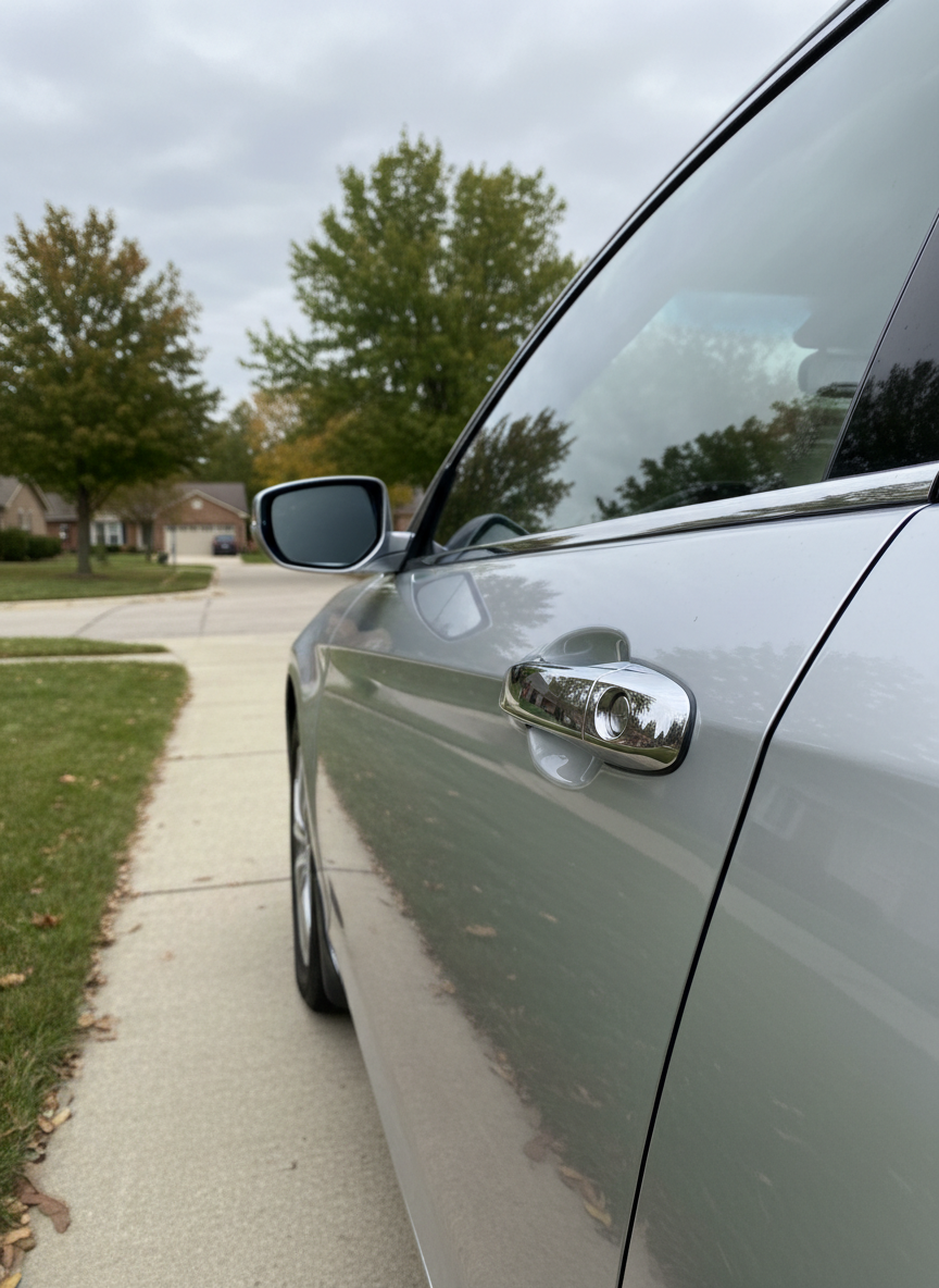 A late-model silver sedan parked at the curb on a quiet Des Moines residential street, seen from a three-quarter front angle, with the focus on the driver-side door handle and keyhole. The car’s glossy paint reflects nearby trees and houses in soft, distorted patterns. The sky is overcast, providing diffused, even light that eliminates harsh shadows and makes the chrome trim and lock details stand out clearly. Background houses and trees are softly blurred with a shallow depth of field, keeping attention on the car door area. The photographic, realistic style feels calm and reassuring, emphasizing professional, non-destructive automotive locksmith services without any sense of distress.