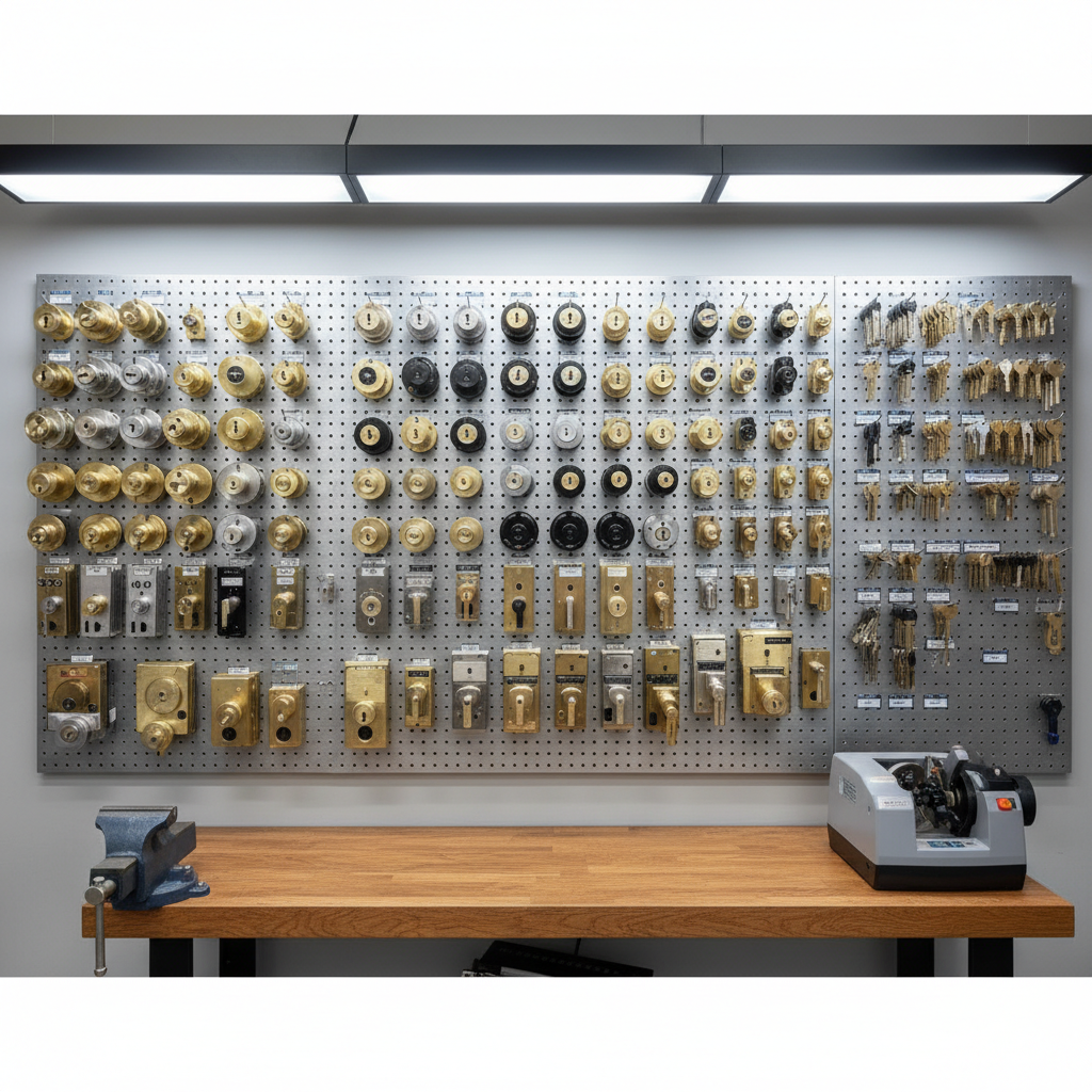 An organized wall of commercial-grade lock hardware in a professional locksmith workshop, featuring neatly arranged cylindrical locks, mortise locks, and precision-cut keys hanging on labeled metal pegs. The wall is a neutral light gray, and a solid workbench with a vice and key-cutting machine sits below, surfaces clean and orderly. Overhead LED shop lights cast even, bright illumination, creating clear reflections on brushed metal and chrome pieces while avoiding harsh glare. Shot from a slightly wide, straight-on angle in photographic realism, the composition is sharp from foreground to background, conveying expertise, reliability, and technical capability for business security needs in Des Moines.