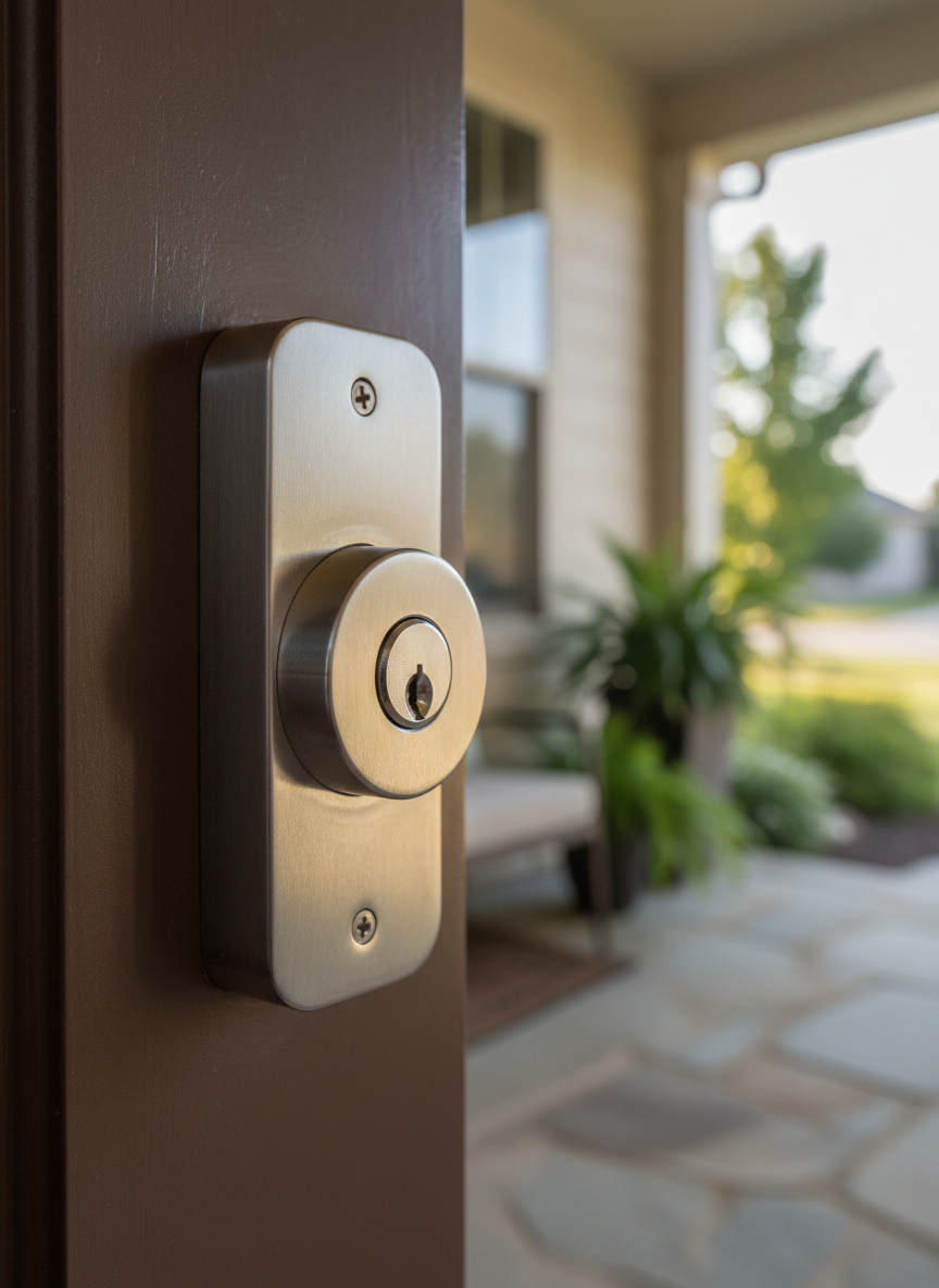 A sturdy brushed-steel deadbolt lock installed on a smooth, dark wood front door of a modern Des Moines home. The camera is at eye level, focused closely on the polished lock cylinder and keyway, showing crisp, precise edges and a subtle metallic sheen. The doorframe and a soft-focus exterior porch with tidy landscaping appear in the background. Late afternoon natural light from outside creates gentle highlights along the metal and soft shadows around the lock, giving a calm, secure feeling. Photographic realism, with a clean, professional aesthetic and balanced composition using the rule of thirds, emphasizes reliability and home protection without any threatening or scary imagery.